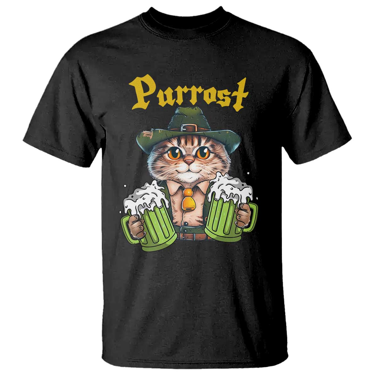 Funny Oktoberfest Cat T Shirt Purrost Kitty Drinking Beer Lederhosen Pet Lovers - Wonder Print Shop