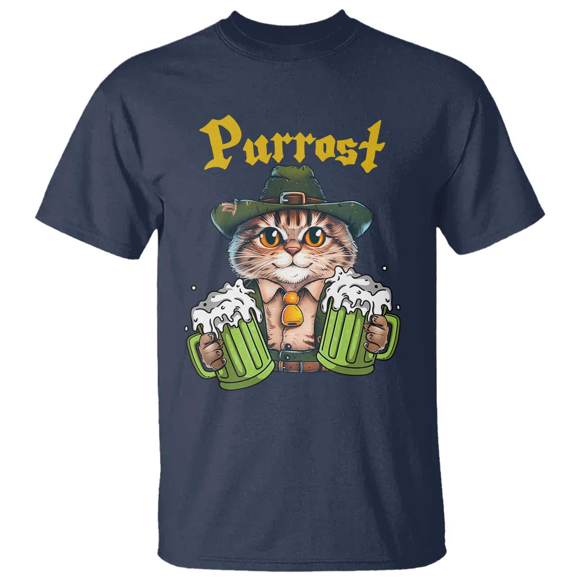 Funny Oktoberfest Cat T Shirt Purrost Kitty Drinking Beer Lederhosen Pet Lovers - Wonder Print Shop