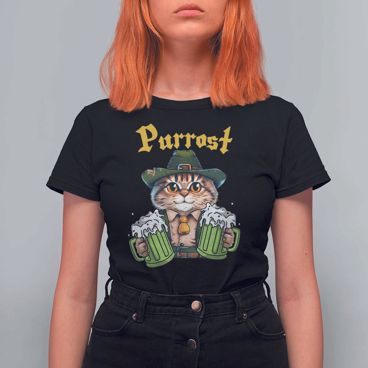 Funny Oktoberfest Cat T Shirt For Women Purrost Kitty Drinking Beer Lederhosen Pet Lovers - Wonder Print Shop
