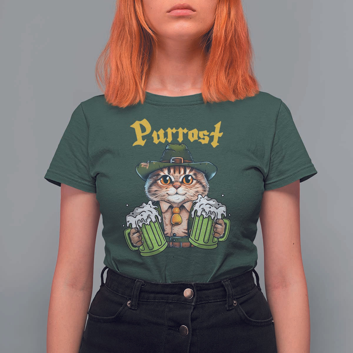 Funny Oktoberfest Cat T Shirt For Women Purrost Kitty Drinking Beer Lederhosen Pet Lovers - Wonder Print Shop