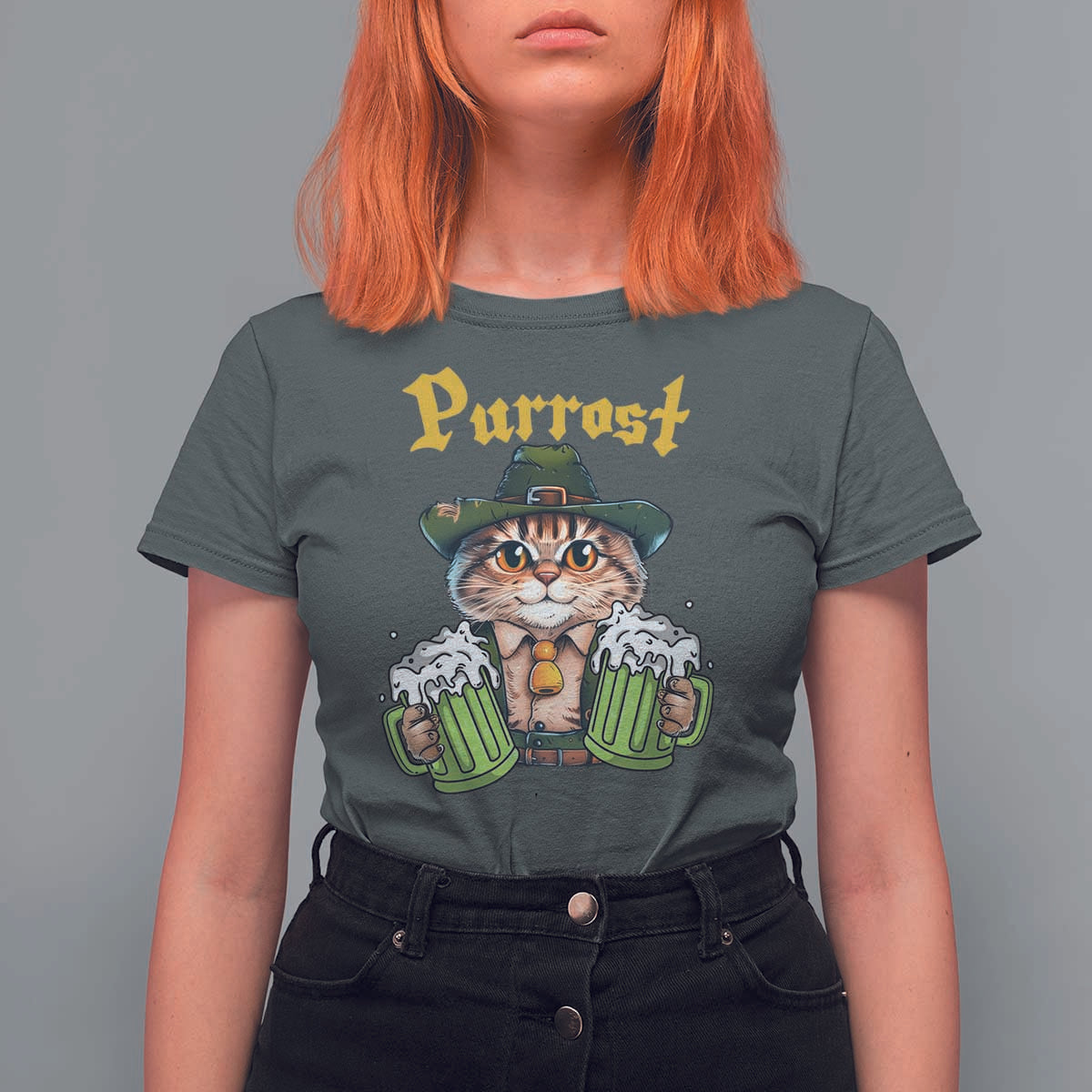 Funny Oktoberfest Cat T Shirt For Women Purrost Kitty Drinking Beer Lederhosen Pet Lovers - Wonder Print Shop
