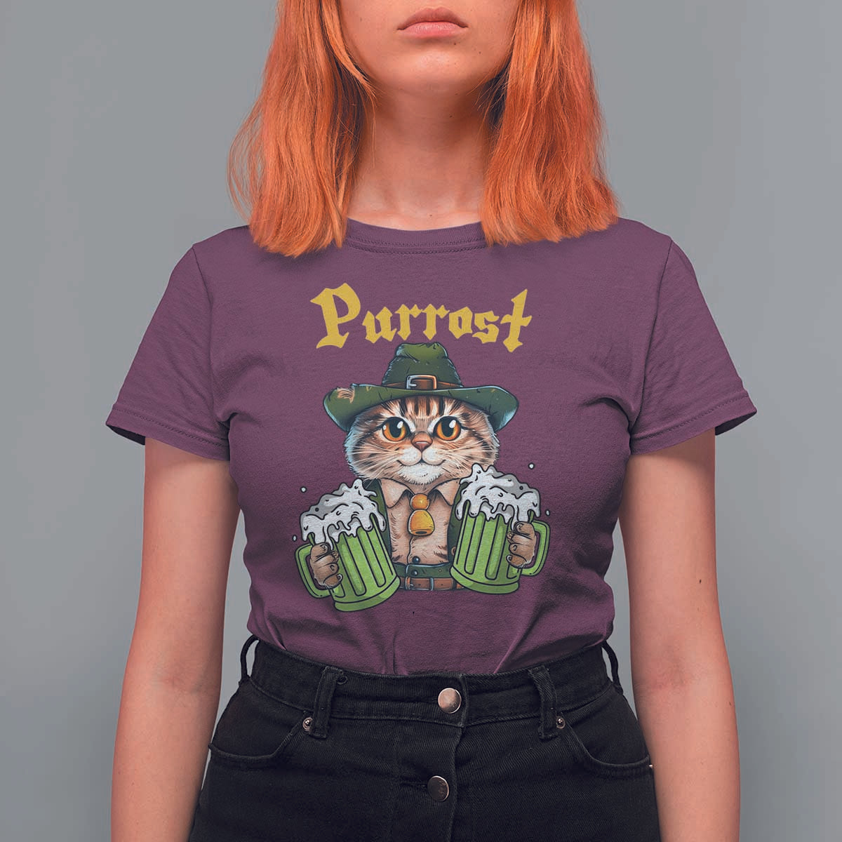 Funny Oktoberfest Cat T Shirt For Women Purrost Kitty Drinking Beer Lederhosen Pet Lovers - Wonder Print Shop