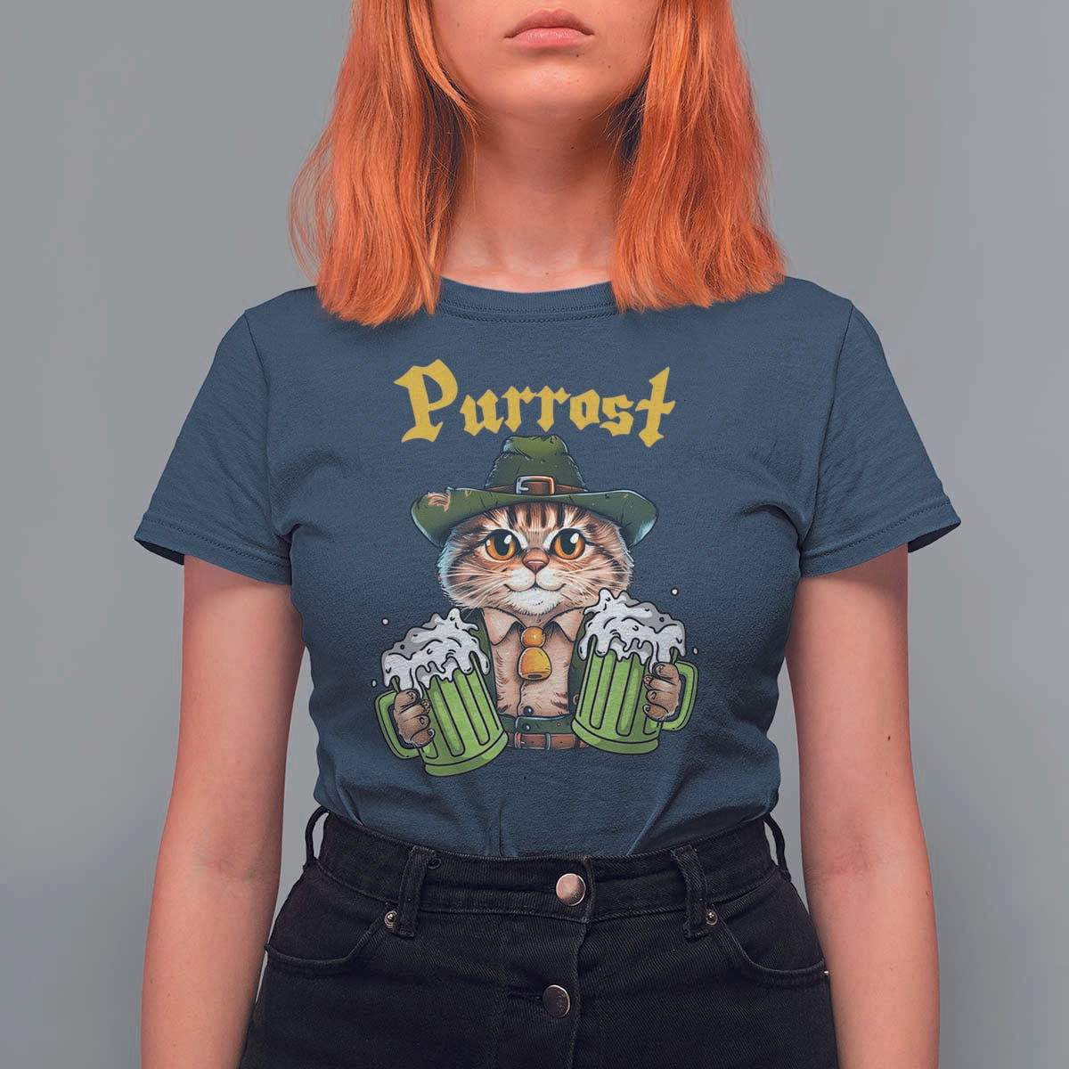 Funny Oktoberfest Cat T Shirt For Women Purrost Kitty Drinking Beer Lederhosen Pet Lovers - Wonder Print Shop