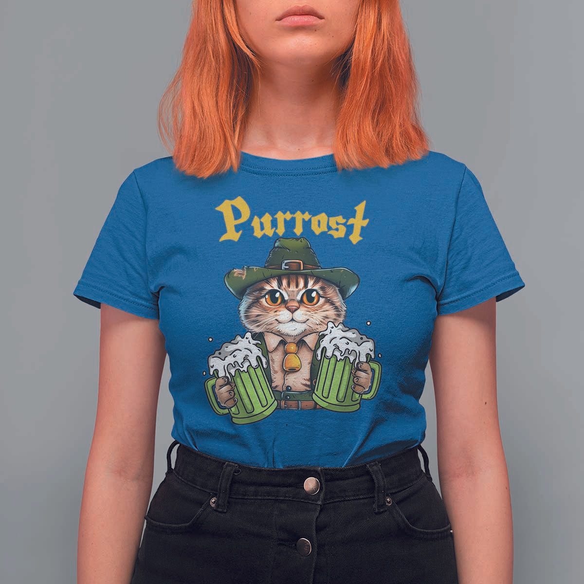 Funny Oktoberfest Cat T Shirt For Women Purrost Kitty Drinking Beer Lederhosen Pet Lovers - Wonder Print Shop