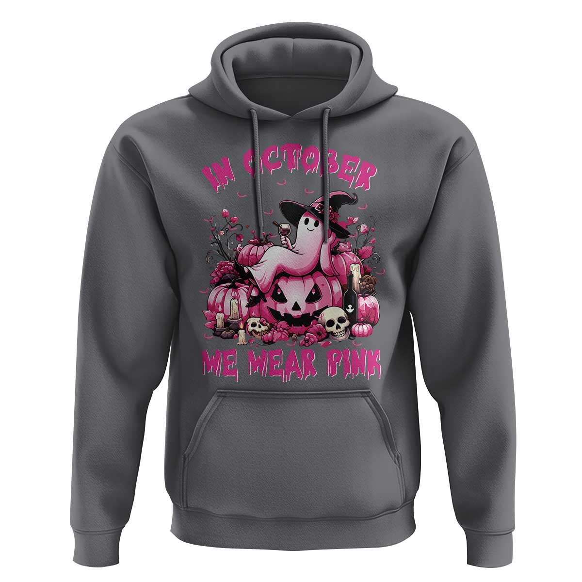 Breast Cancer Awareness Hoodie In October We Wear Pink Halloween Ghost Pumpkin Wine Skull - Wonder Print Shop
