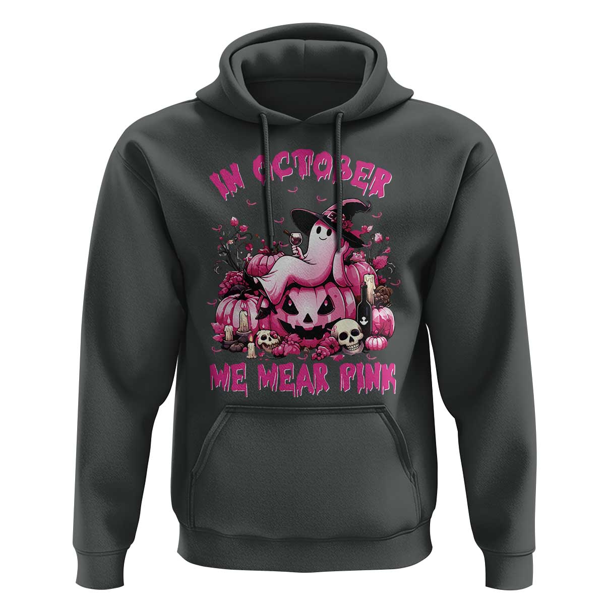 Breast Cancer Awareness Hoodie In October We Wear Pink Halloween Ghost Pumpkin Wine Skull - Wonder Print Shop
