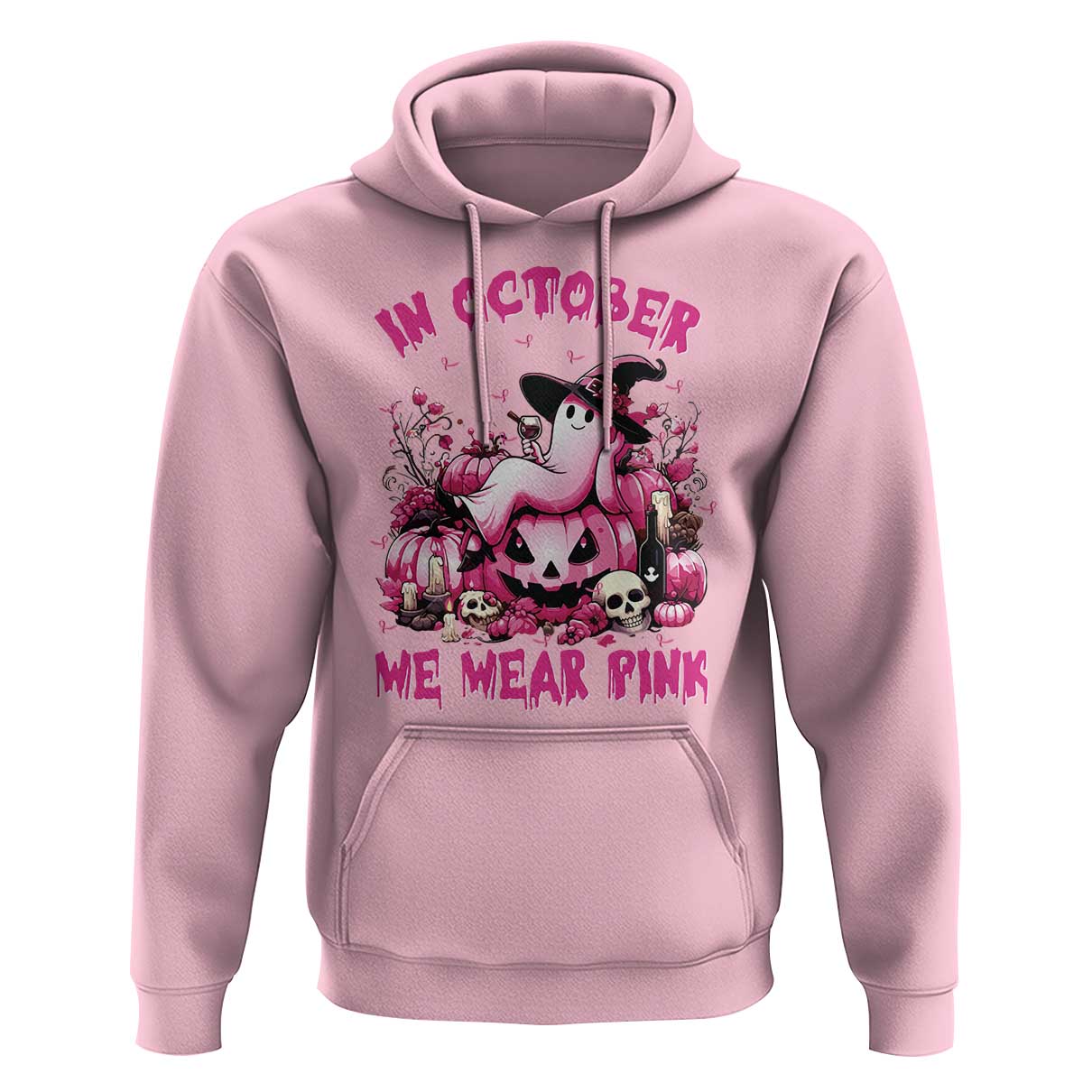 Breast Cancer Awareness Hoodie In October We Wear Pink Halloween Ghost Pumpkin Wine Skull - Wonder Print Shop