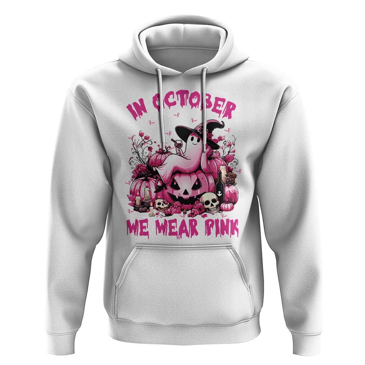Breast Cancer Awareness Hoodie In October We Wear Pink Halloween Ghost Pumpkin Wine Skull - Wonder Print Shop