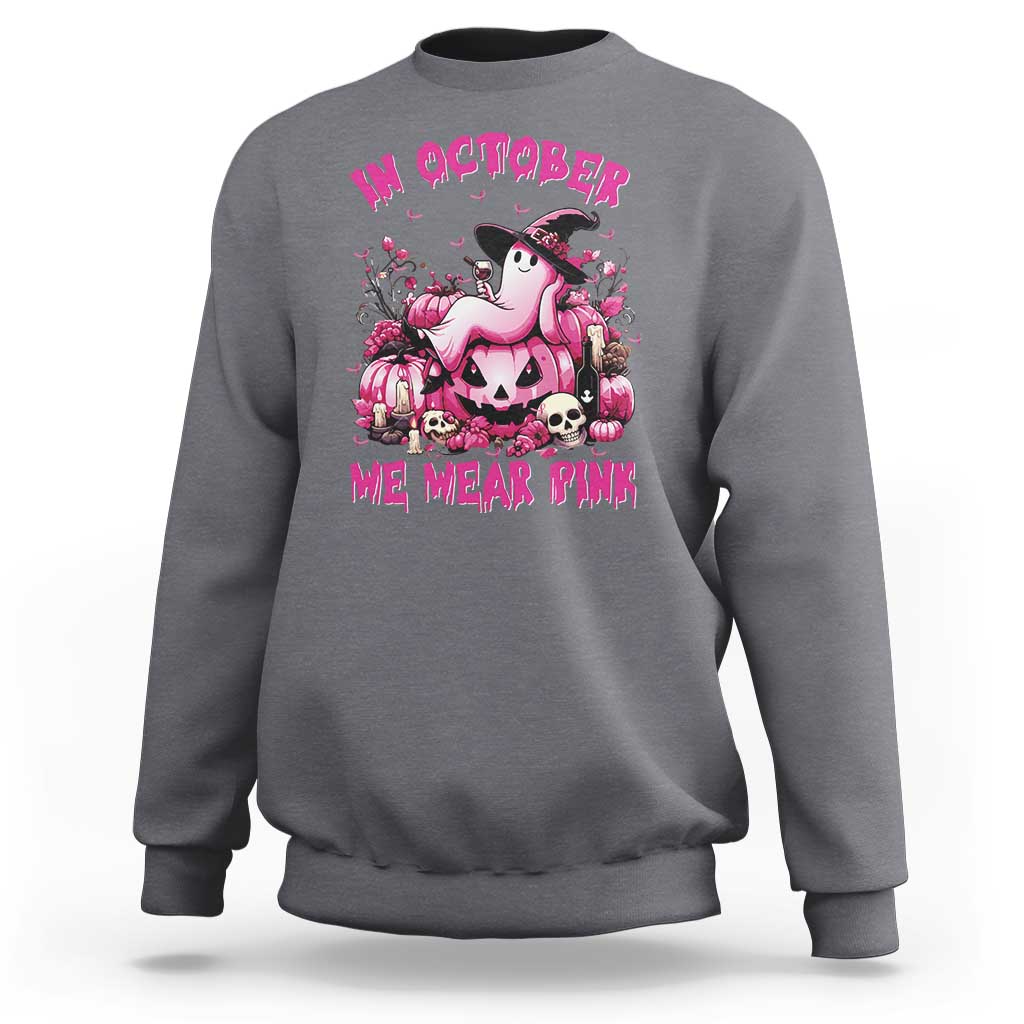 Breast Cancer Awareness Sweatshirt In October We Wear Pink Halloween Ghost Pumpkin Wine Skull - Wonder Print Shop