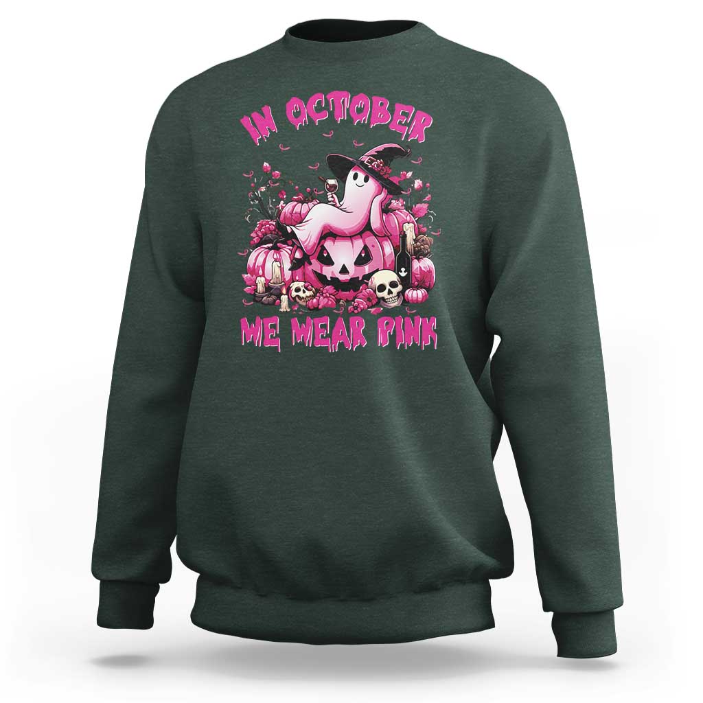 Breast Cancer Awareness Sweatshirt In October We Wear Pink Halloween Ghost Pumpkin Wine Skull - Wonder Print Shop