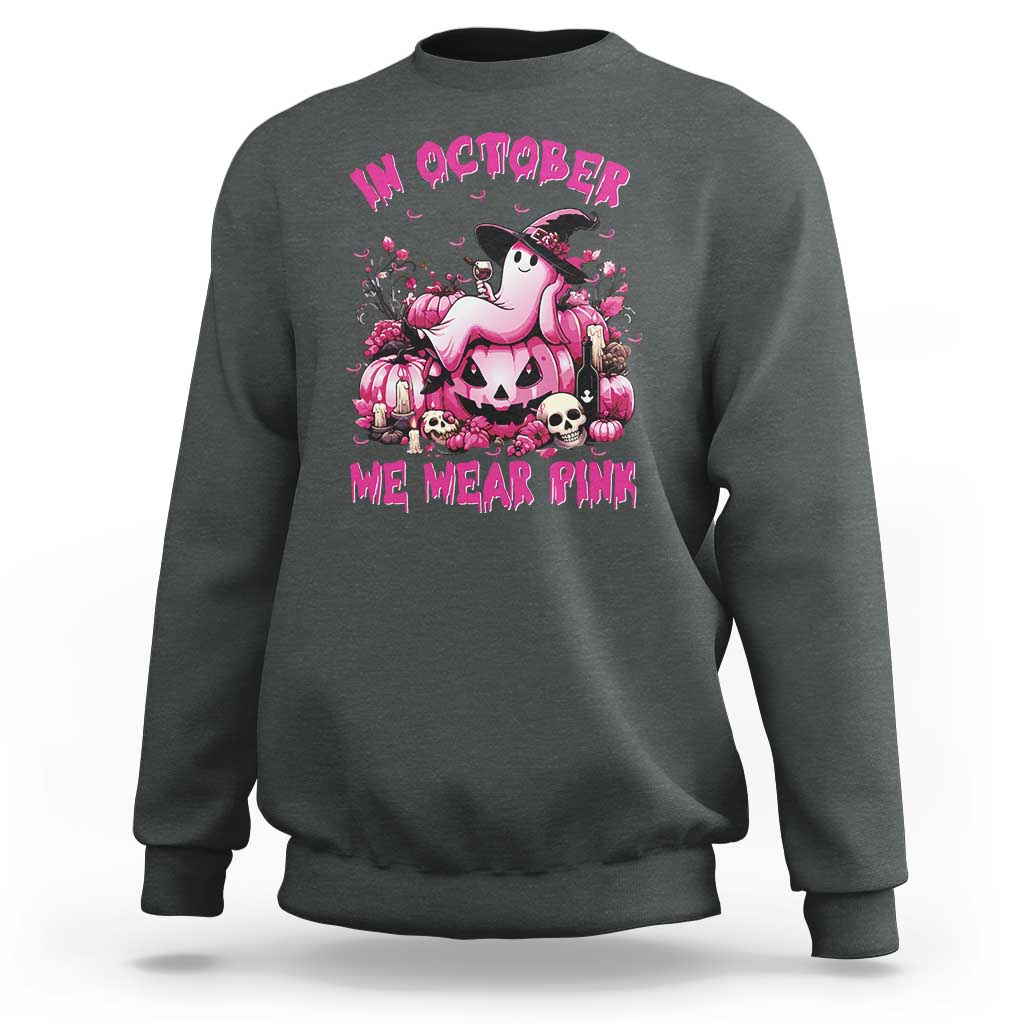 Breast Cancer Awareness Sweatshirt In October We Wear Pink Halloween Ghost Pumpkin Wine Skull - Wonder Print Shop