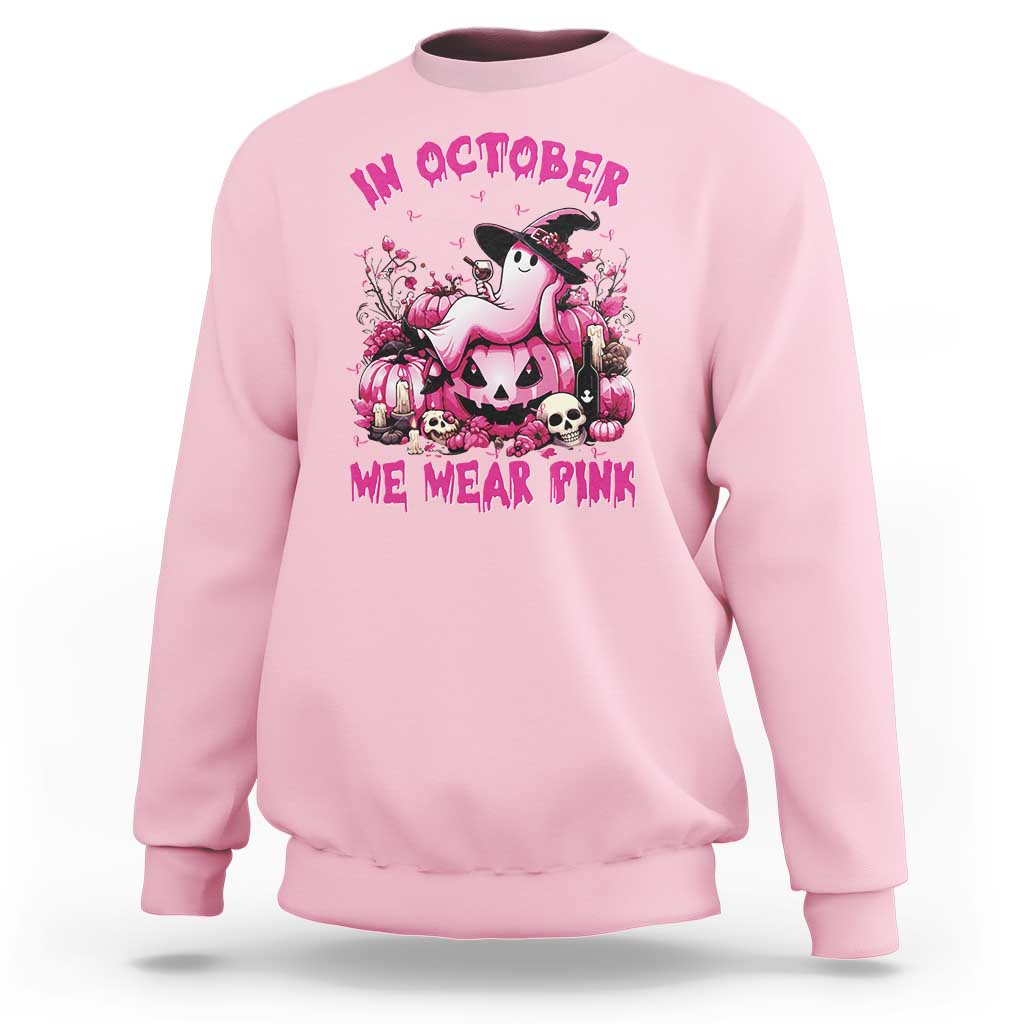 Breast Cancer Awareness Sweatshirt In October We Wear Pink Halloween Ghost Pumpkin Wine Skull - Wonder Print Shop
