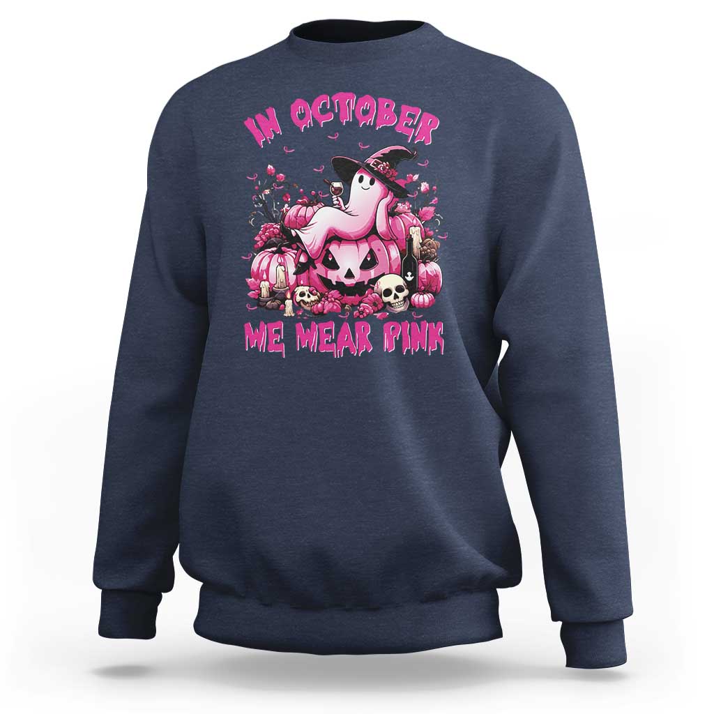 Breast Cancer Awareness Sweatshirt In October We Wear Pink Halloween Ghost Pumpkin Wine Skull - Wonder Print Shop