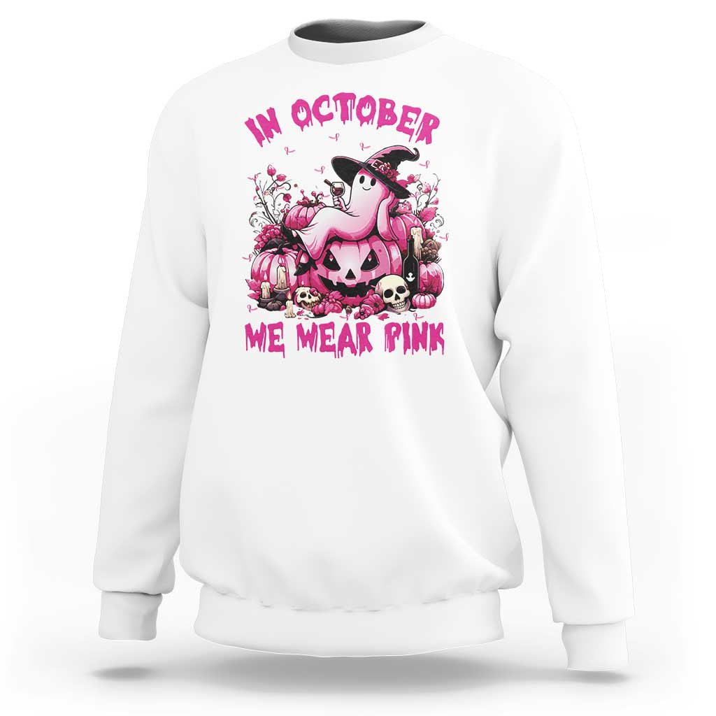 Breast Cancer Awareness Sweatshirt In October We Wear Pink Halloween Ghost Pumpkin Wine Skull - Wonder Print Shop