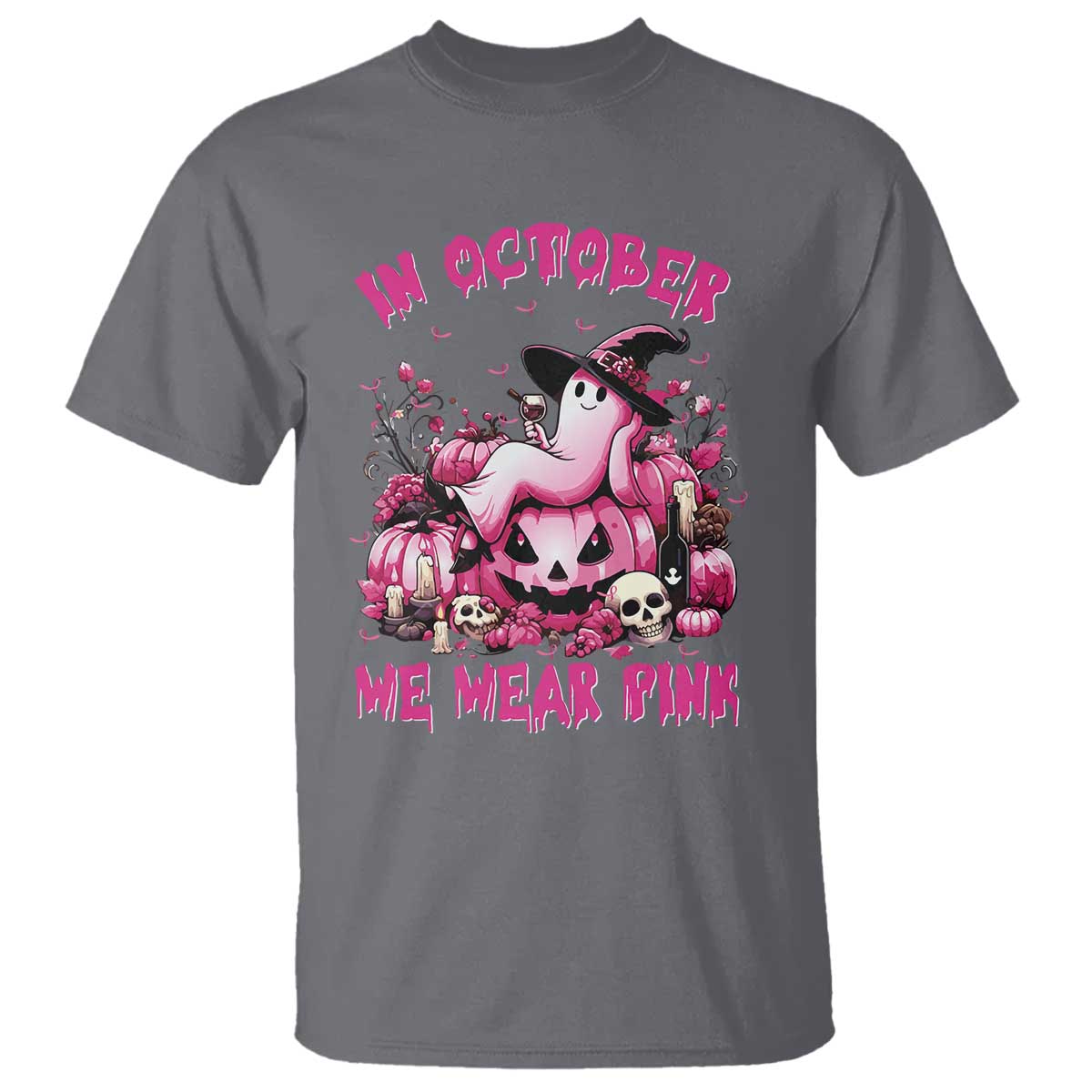 Breast Cancer Awareness T Shirt In October We Wear Pink Halloween Ghost Pumpkin Wine Skull - Wonder Print Shop