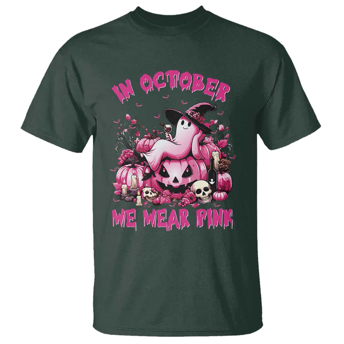 Breast Cancer Awareness T Shirt In October We Wear Pink Halloween Ghost Pumpkin Wine Skull - Wonder Print Shop