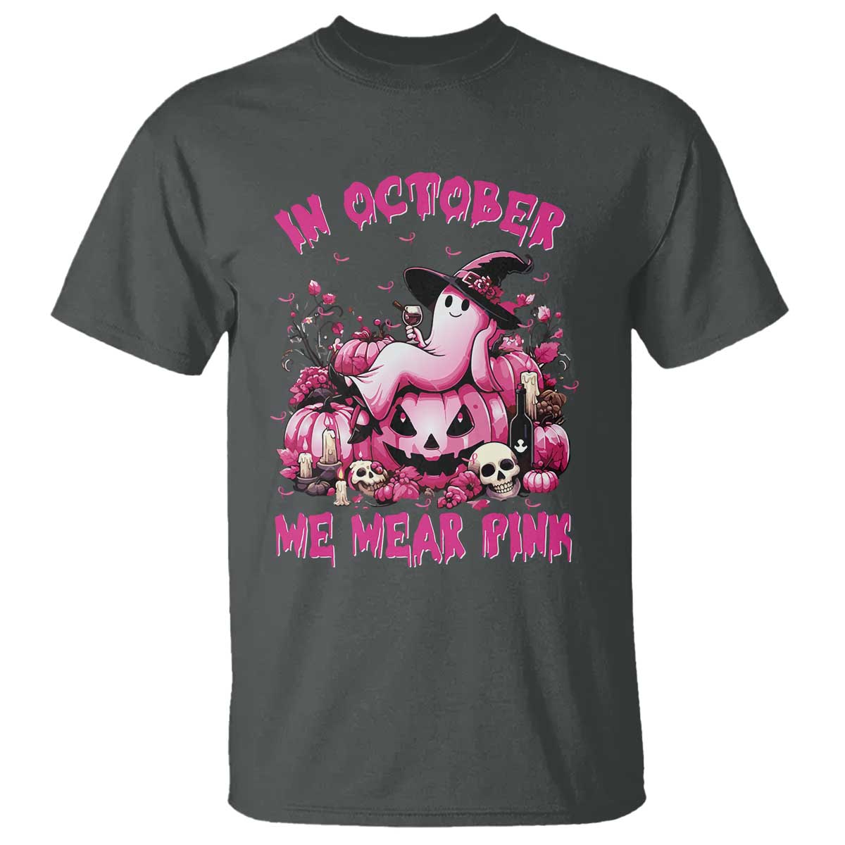 Breast Cancer Awareness T Shirt In October We Wear Pink Halloween Ghost Pumpkin Wine Skull - Wonder Print Shop