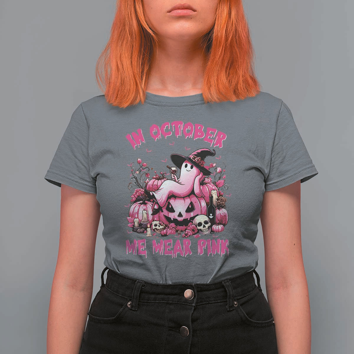 Breast Cancer Awareness T Shirt For Women In October We Wear Pink Halloween Ghost Pumpkin Wine Skull - Wonder Print Shop