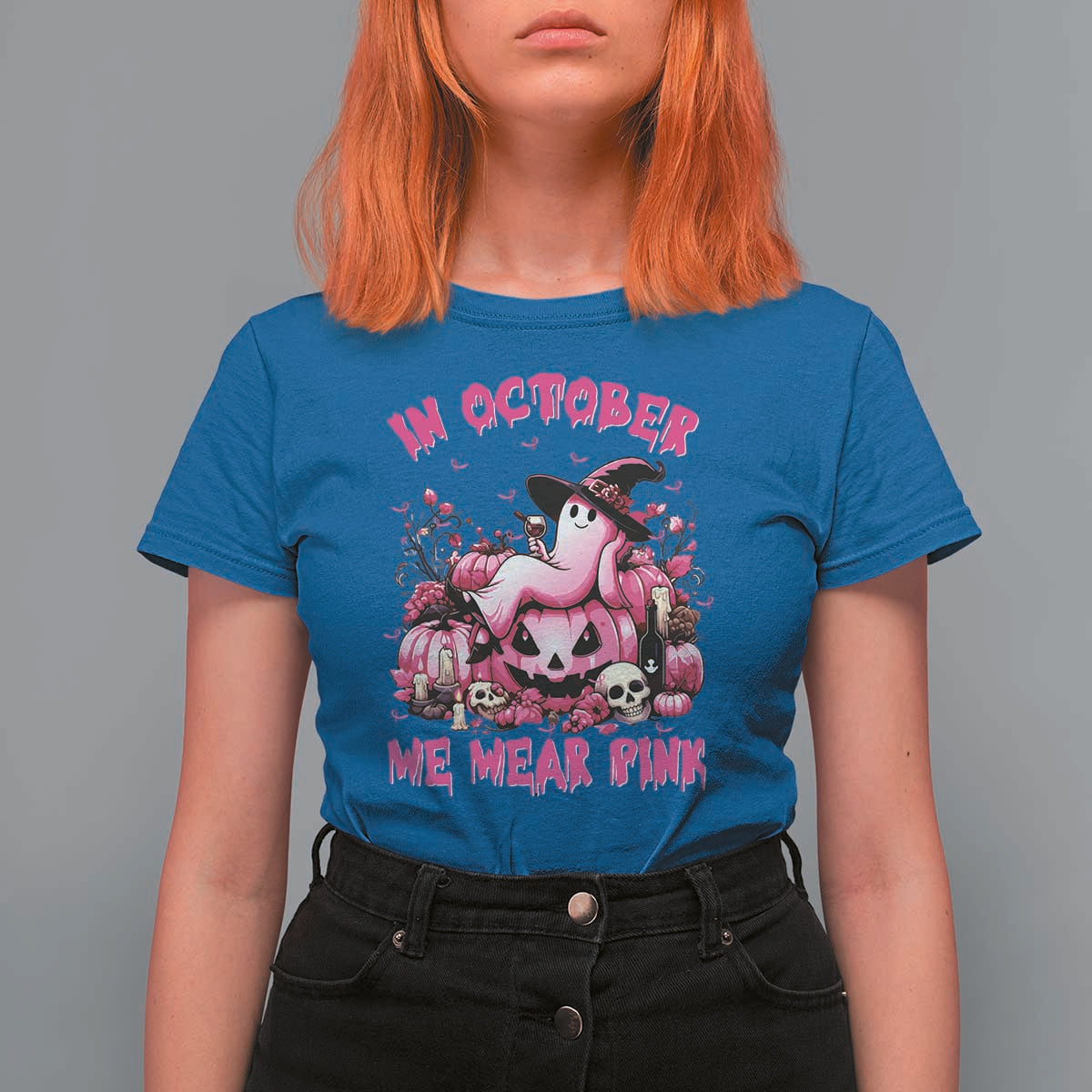 Breast Cancer Awareness T Shirt For Women In October We Wear Pink Halloween Ghost Pumpkin Wine Skull - Wonder Print Shop