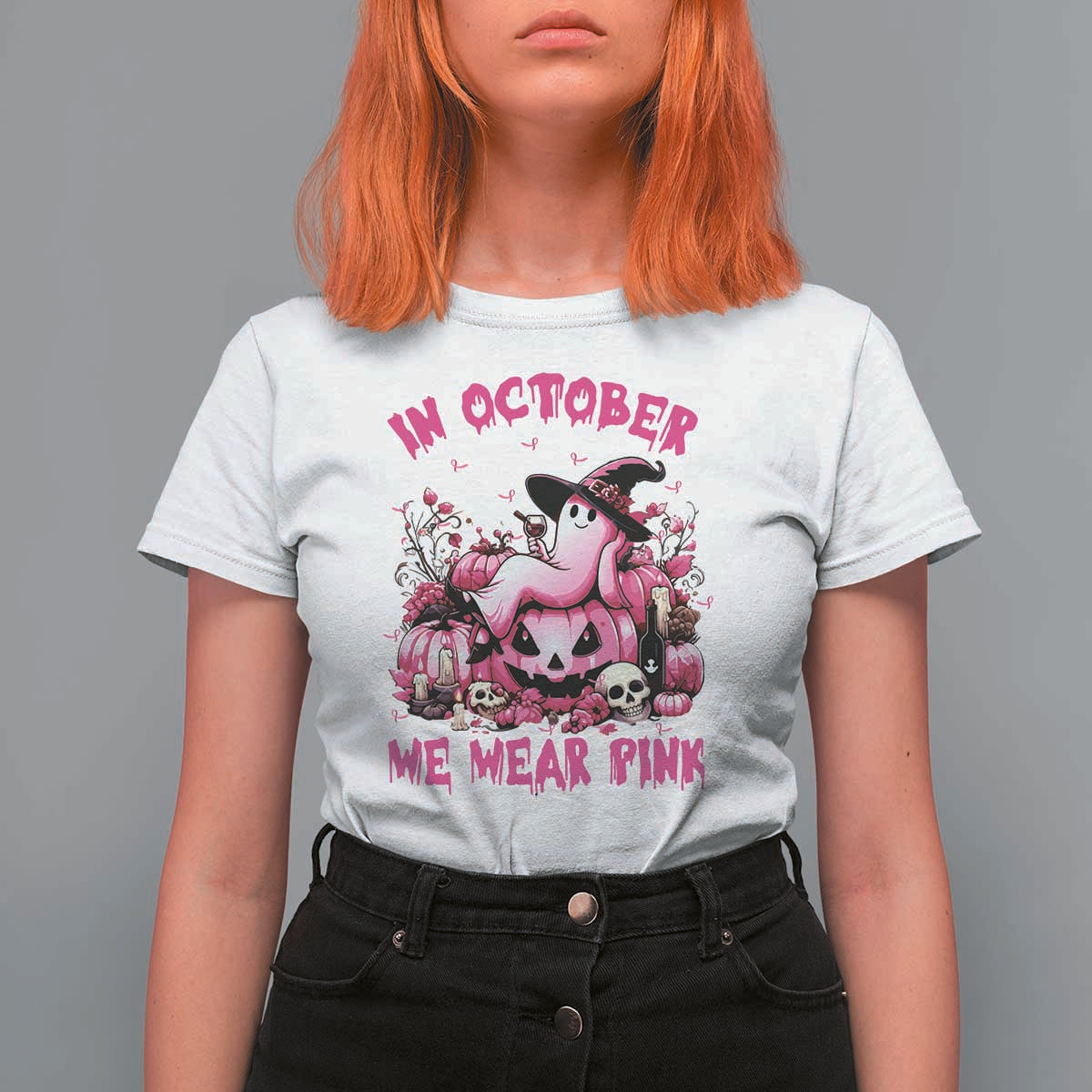 Breast Cancer Awareness T Shirt For Women In October We Wear Pink Halloween Ghost Pumpkin Wine Skull - Wonder Print Shop