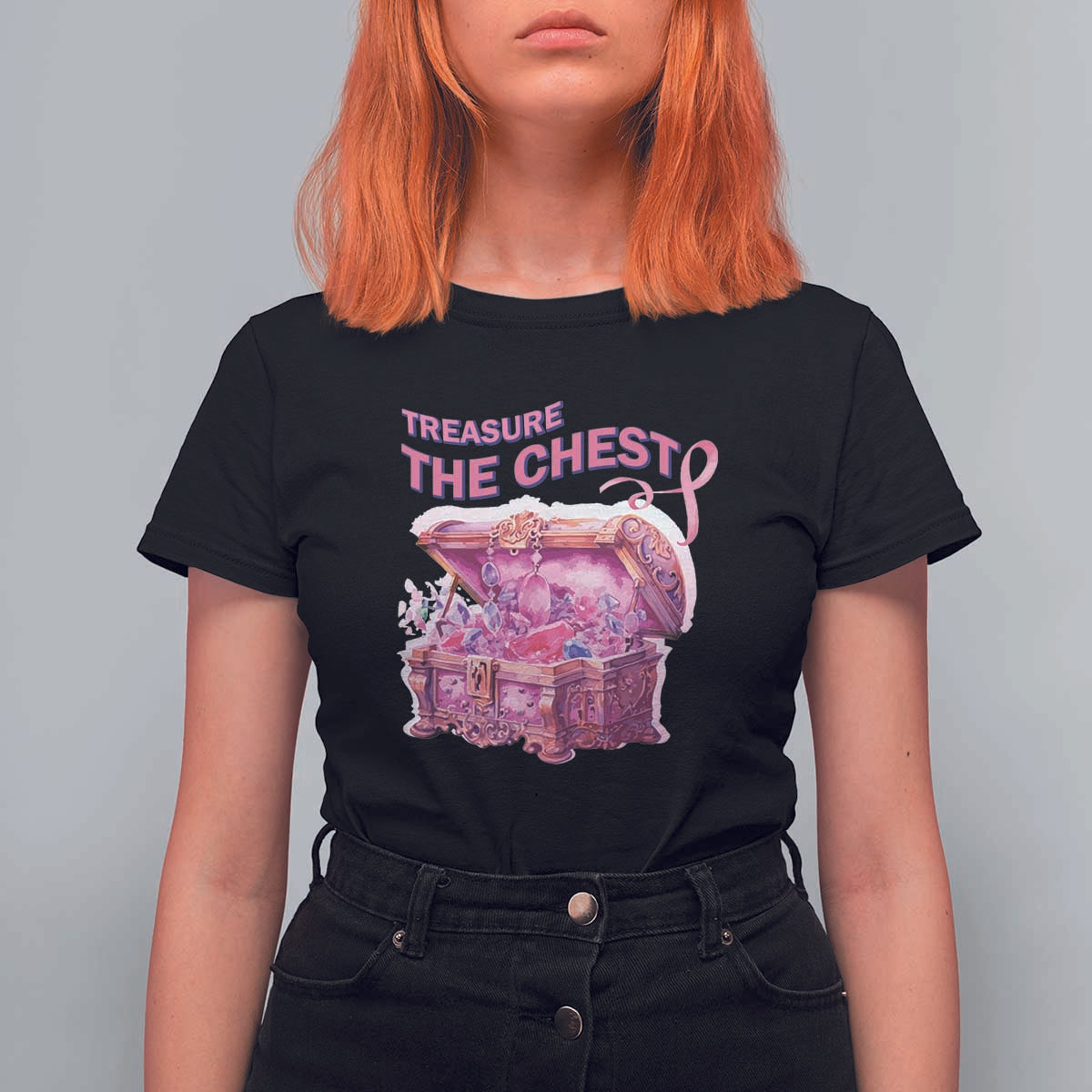 Breast Cancer Awareness T Shirt For Women Treasure The Chest Crystal Diamond Pink Ribbon - Wonder Print Shop