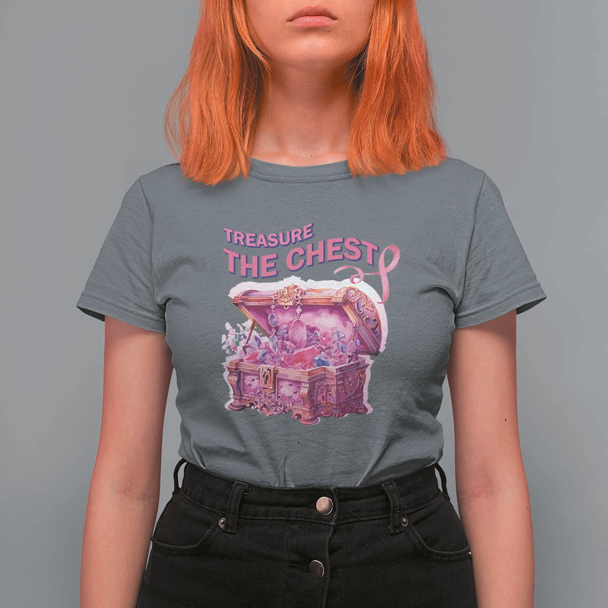 Breast Cancer Awareness T Shirt For Women Treasure The Chest Crystal Diamond Pink Ribbon - Wonder Print Shop