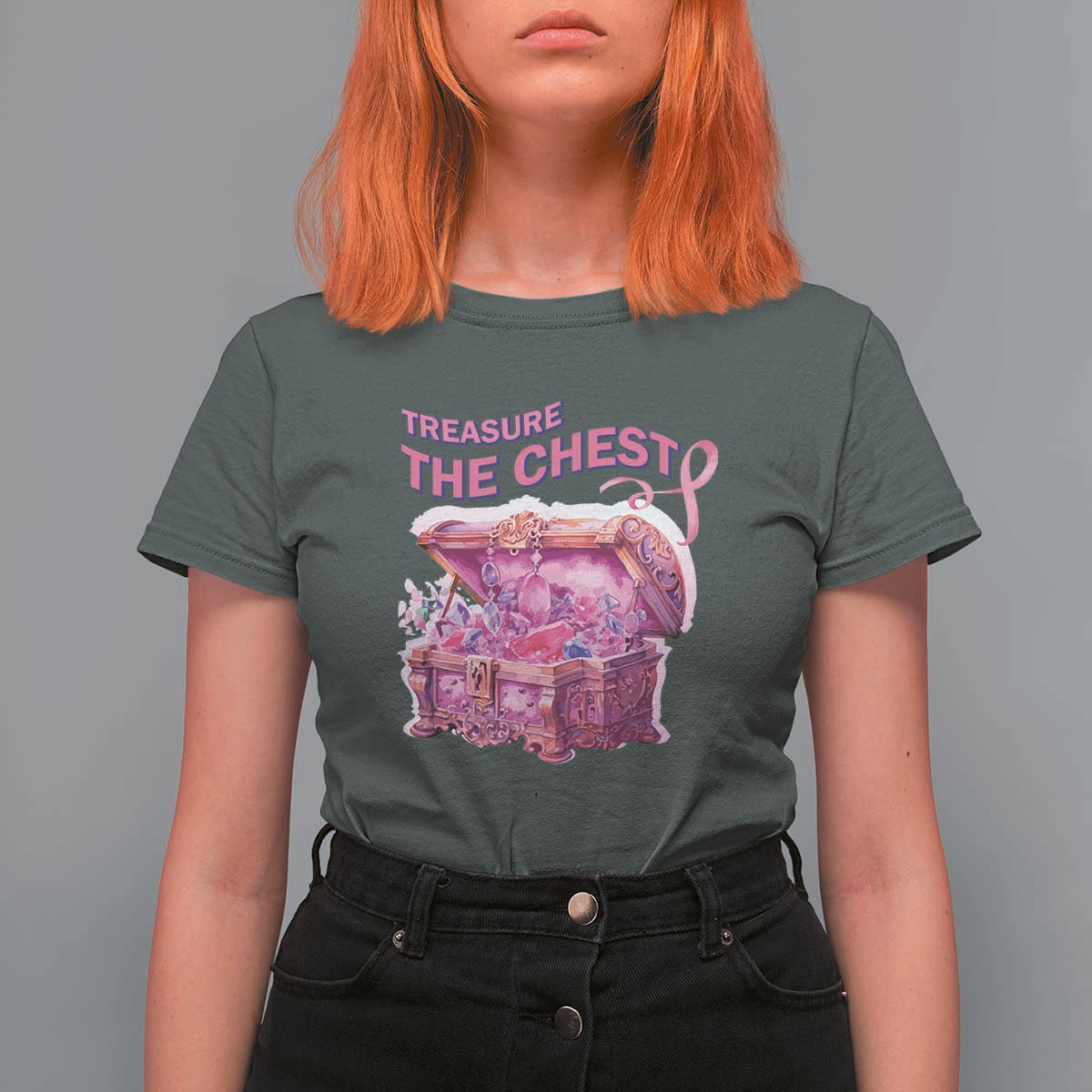 Breast Cancer Awareness T Shirt For Women Treasure The Chest Crystal Diamond Pink Ribbon - Wonder Print Shop
