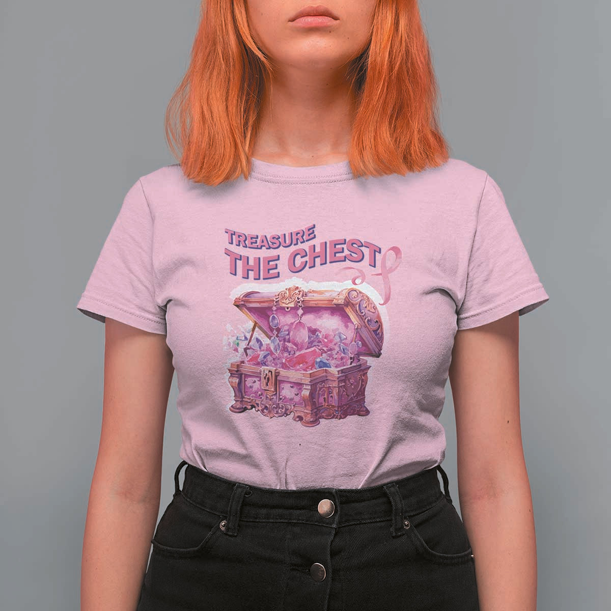 Breast Cancer Awareness T Shirt For Women Treasure The Chest Crystal Diamond Pink Ribbon - Wonder Print Shop