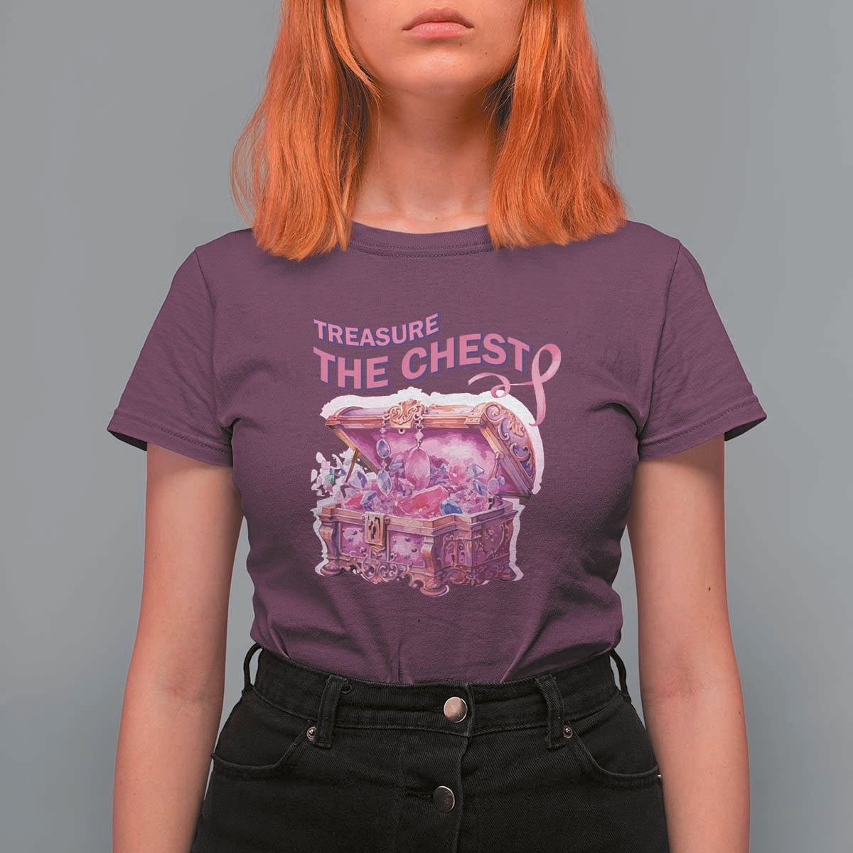 Breast Cancer Awareness T Shirt For Women Treasure The Chest Crystal Diamond Pink Ribbon - Wonder Print Shop