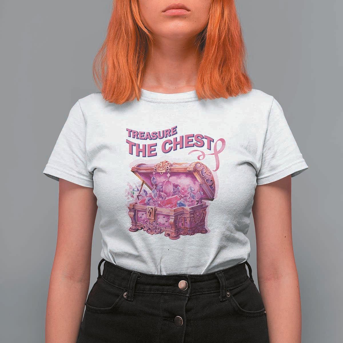 Breast Cancer Awareness T Shirt For Women Treasure The Chest Crystal Diamond Pink Ribbon - Wonder Print Shop
