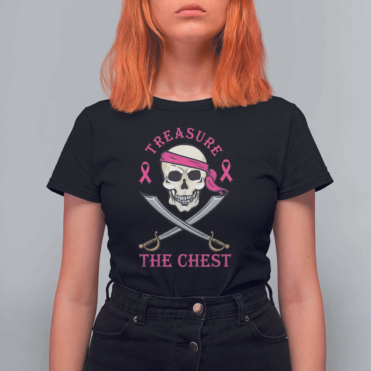 Breast Cancer Awareness T Shirt For Women Treasure The Chest Pirate Skull Sword Pink Ribbon - Wonder Print Shop
