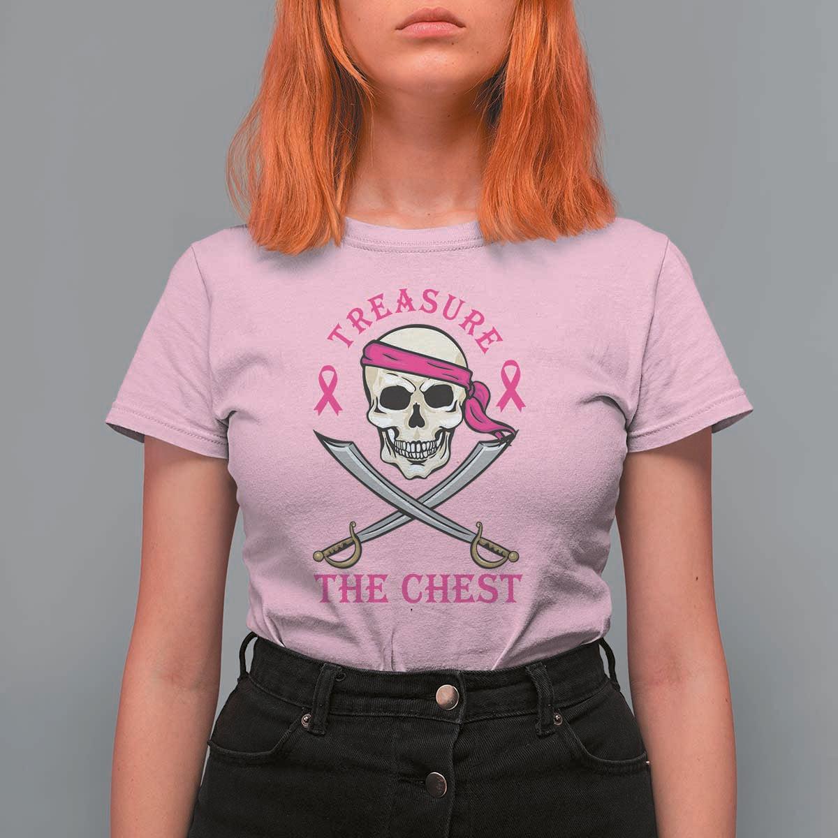 Breast Cancer Awareness T Shirt For Women Treasure The Chest Pirate Skull Sword Pink Ribbon - Wonder Print Shop