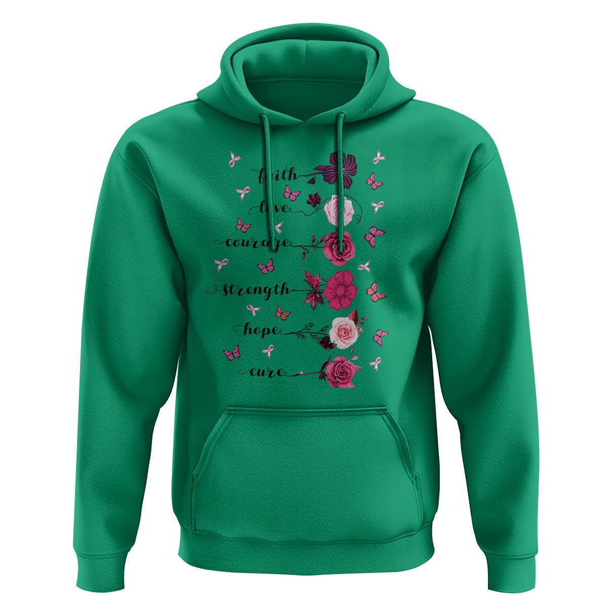 Breast Cancer Awareness Hoodie Faith Love Courage Strength Hope Cure Pink Flower Roses Butterfly - Wonder Print Shop