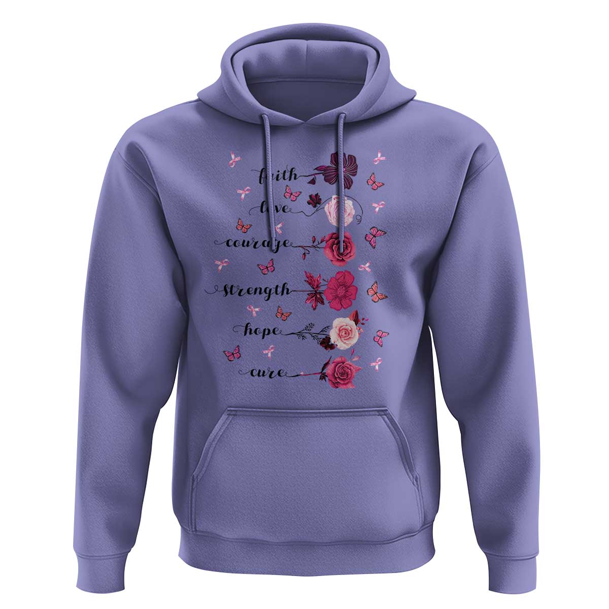 Breast Cancer Awareness Hoodie Faith Love Courage Strength Hope Cure Pink Flower Roses Butterfly - Wonder Print Shop