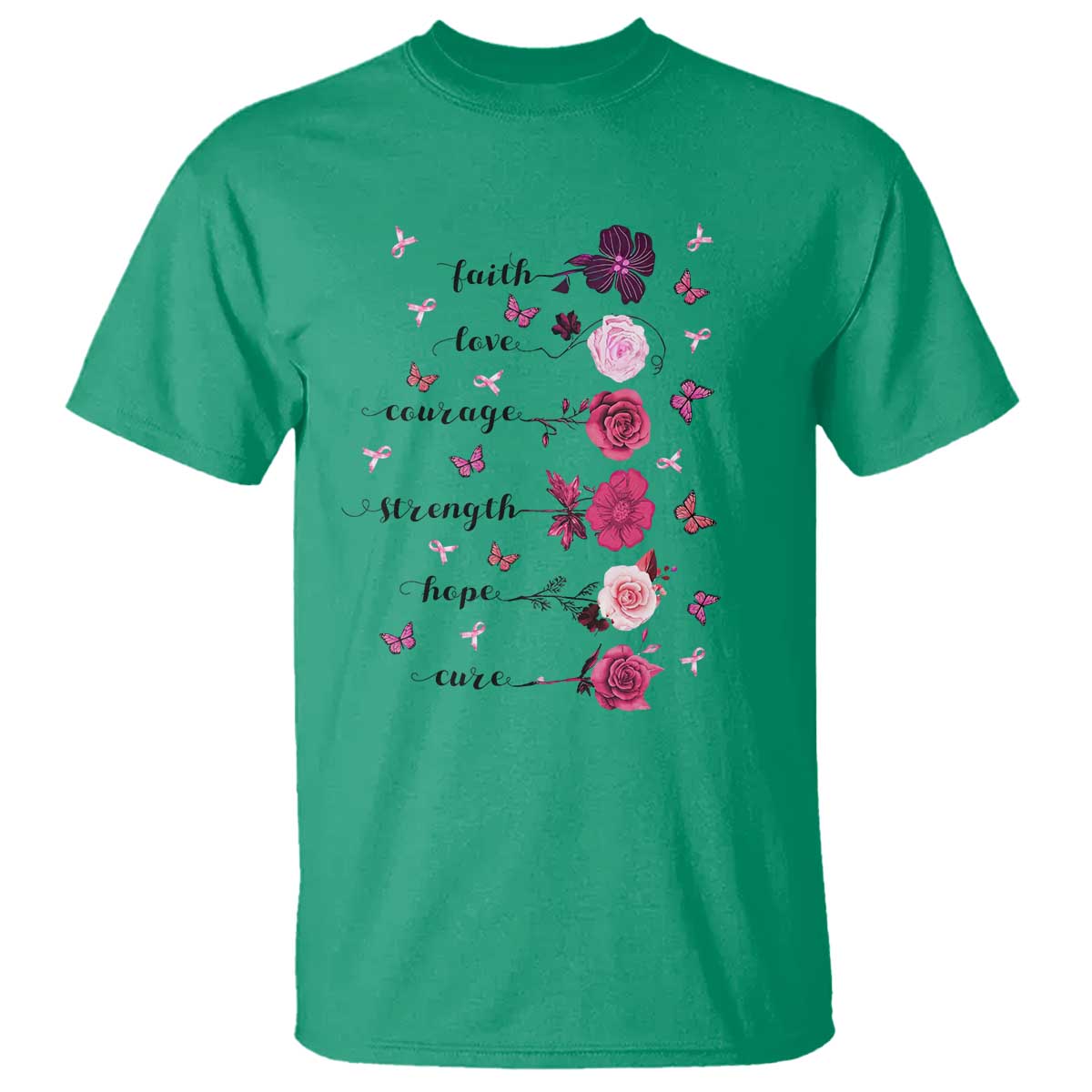 Breast Cancer Awareness T Shirt Faith Love Courage Strength Hope Cure Pink Flower Roses Butterfly - Wonder Print Shop