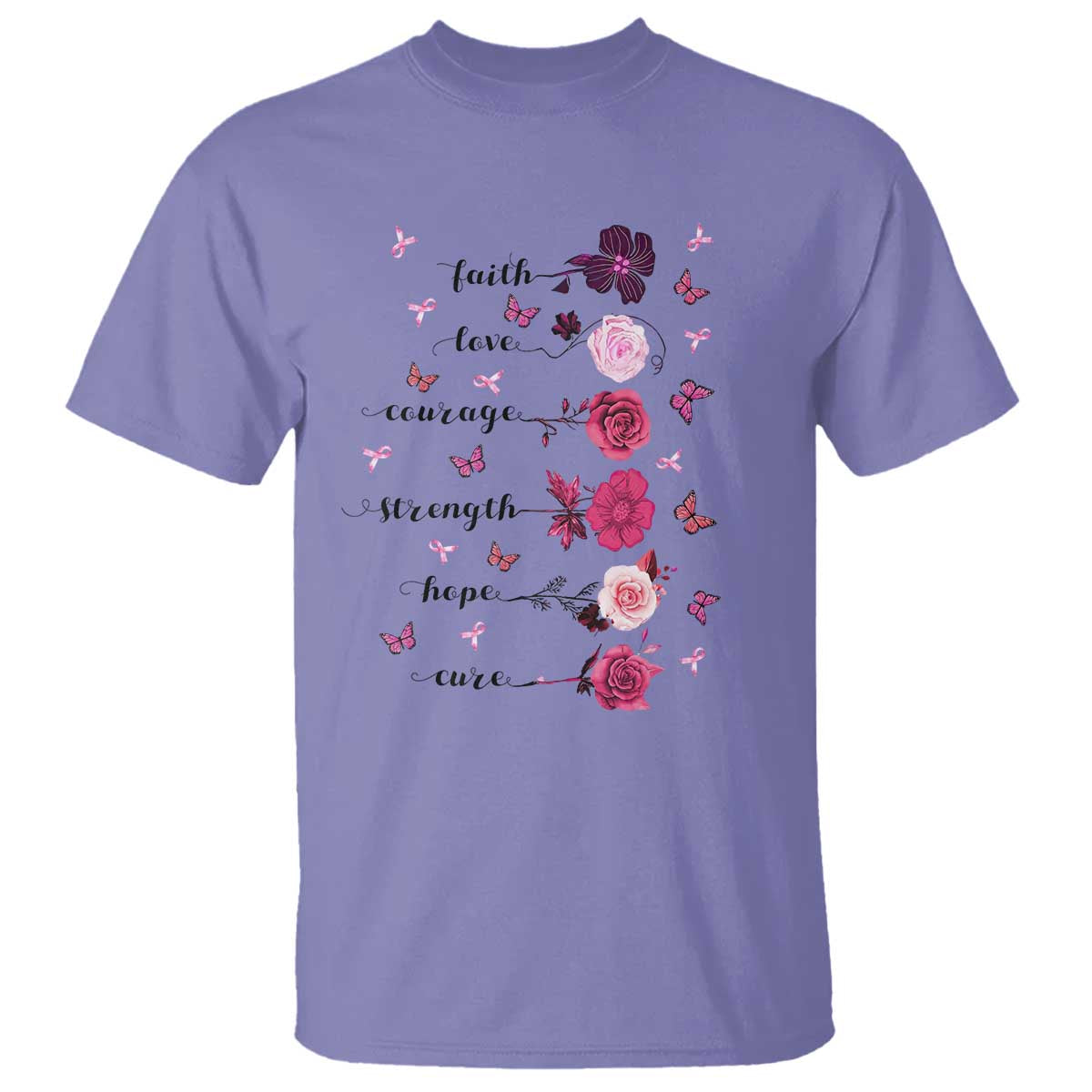 Breast Cancer Awareness T Shirt Faith Love Courage Strength Hope Cure Pink Flower Roses Butterfly - Wonder Print Shop