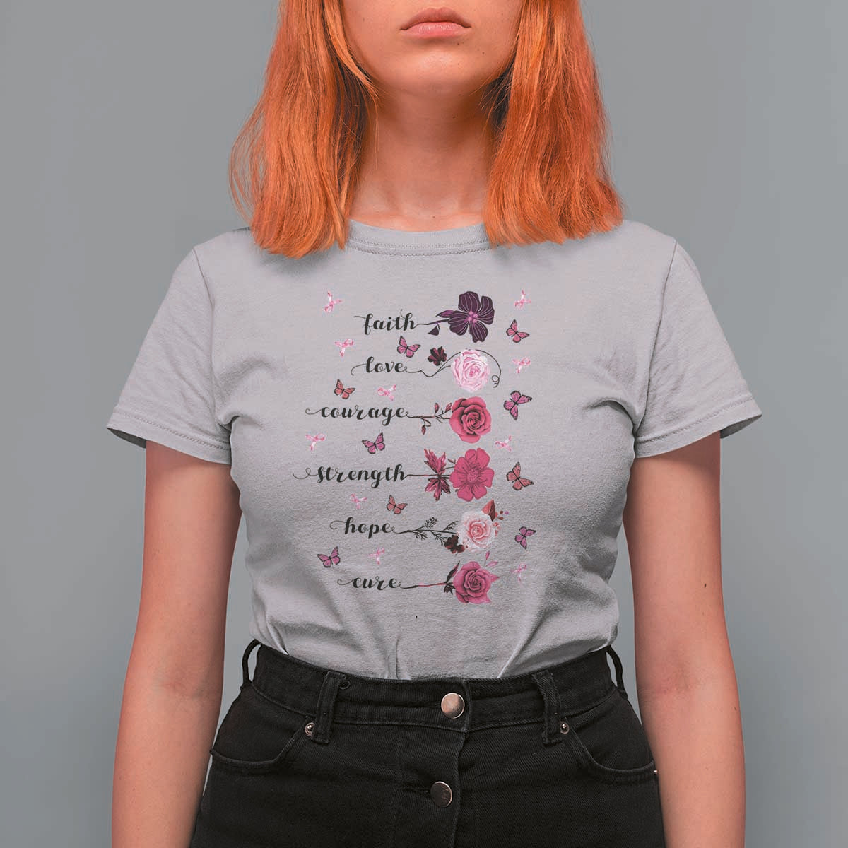 Breast Cancer Awareness T Shirt For Women Faith Love Courage Strength Hope Cure Pink Flower Roses Butterfly - Wonder Print Shop