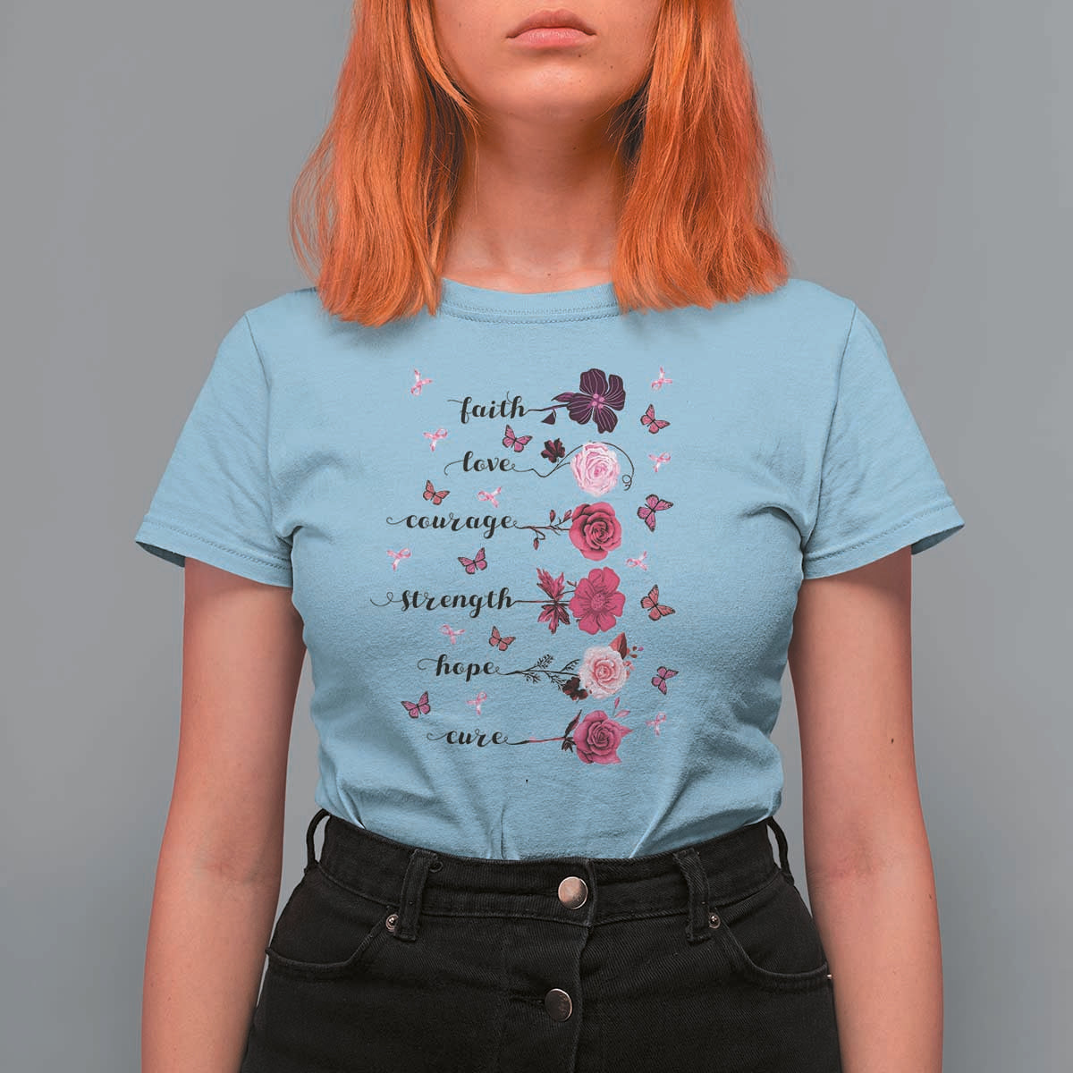 Breast Cancer Awareness T Shirt For Women Faith Love Courage Strength Hope Cure Pink Flower Roses Butterfly - Wonder Print Shop