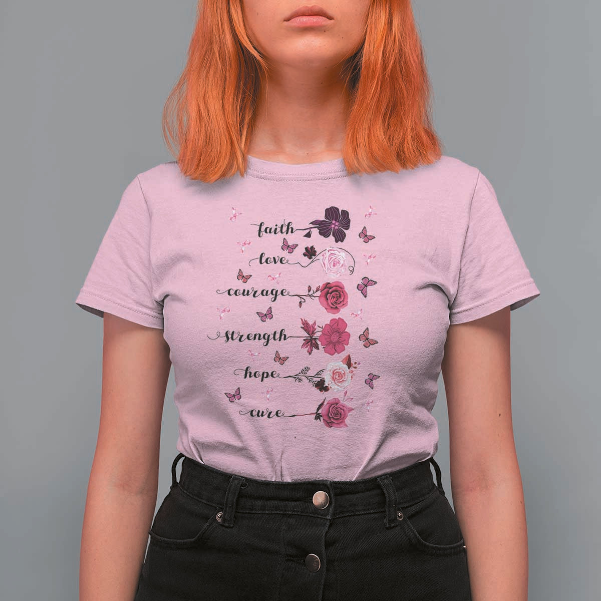 Breast Cancer Awareness T Shirt For Women Faith Love Courage Strength Hope Cure Pink Flower Roses Butterfly - Wonder Print Shop