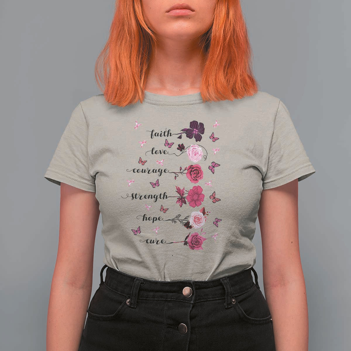 Breast Cancer Awareness T Shirt For Women Faith Love Courage Strength Hope Cure Pink Flower Roses Butterfly - Wonder Print Shop