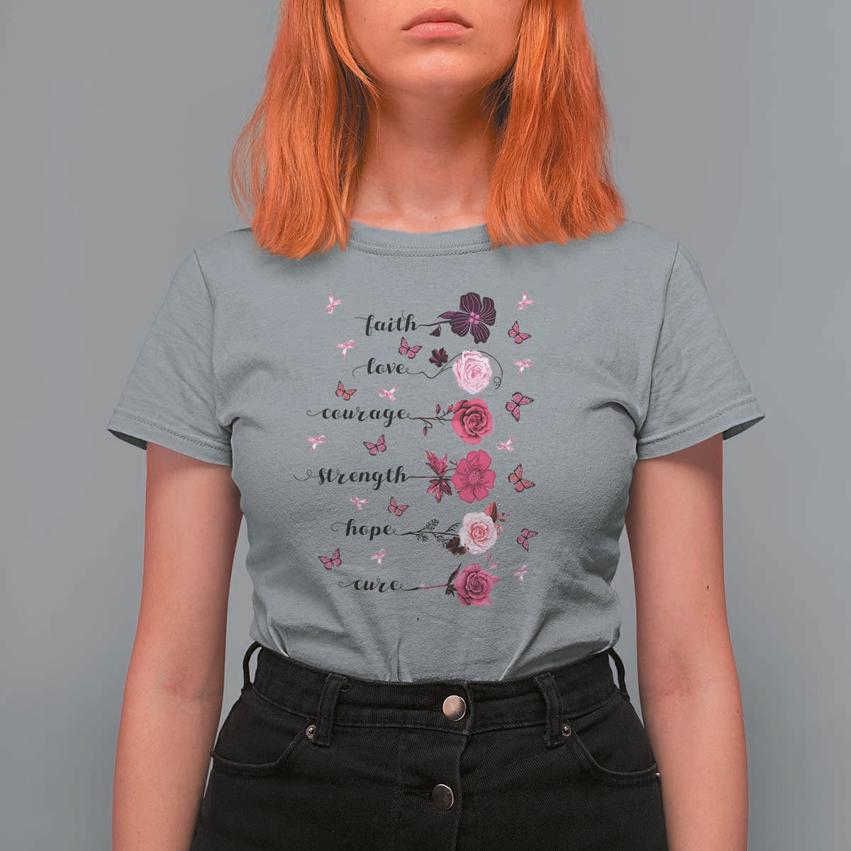 Breast Cancer Awareness T Shirt For Women Faith Love Courage Strength Hope Cure Pink Flower Roses Butterfly - Wonder Print Shop