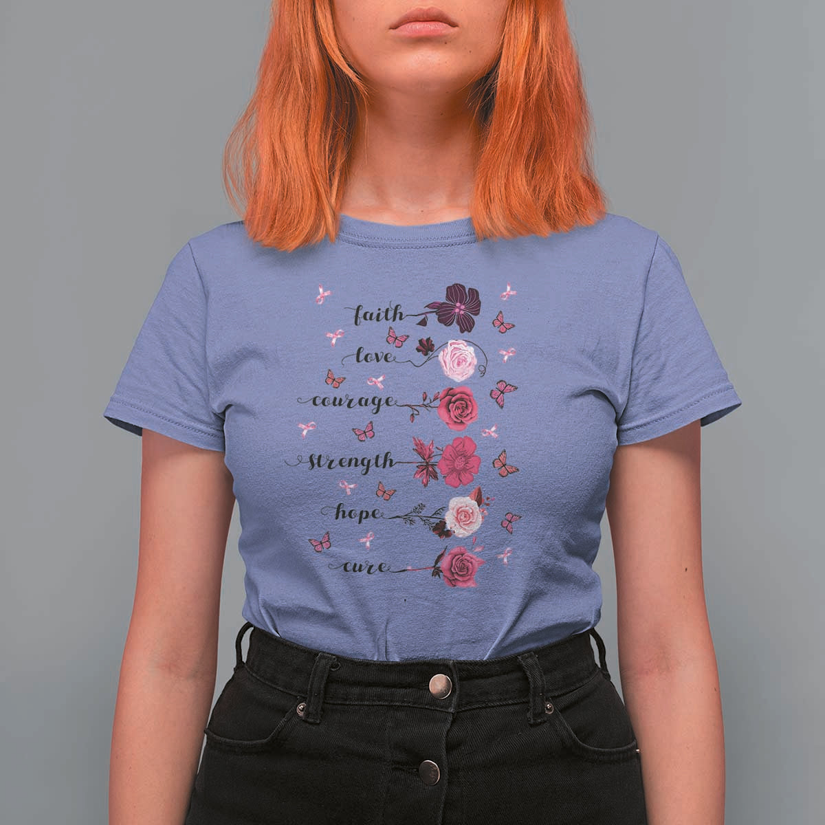 Breast Cancer Awareness T Shirt For Women Faith Love Courage Strength Hope Cure Pink Flower Roses Butterfly - Wonder Print Shop