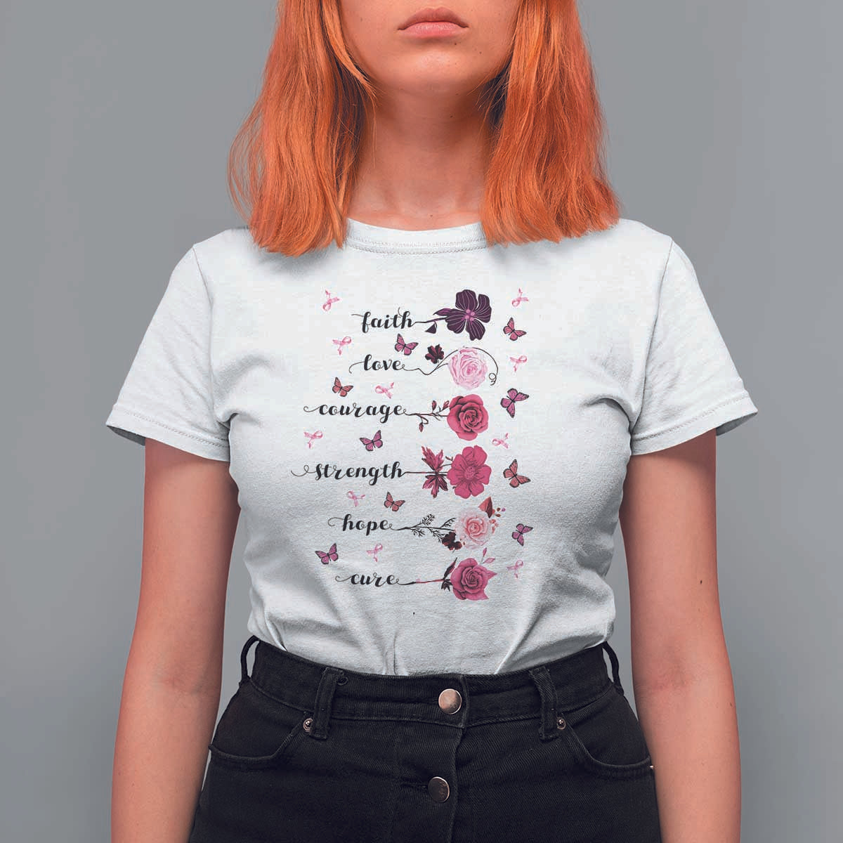 Breast Cancer Awareness T Shirt For Women Faith Love Courage Strength Hope Cure Pink Flower Roses Butterfly - Wonder Print Shop