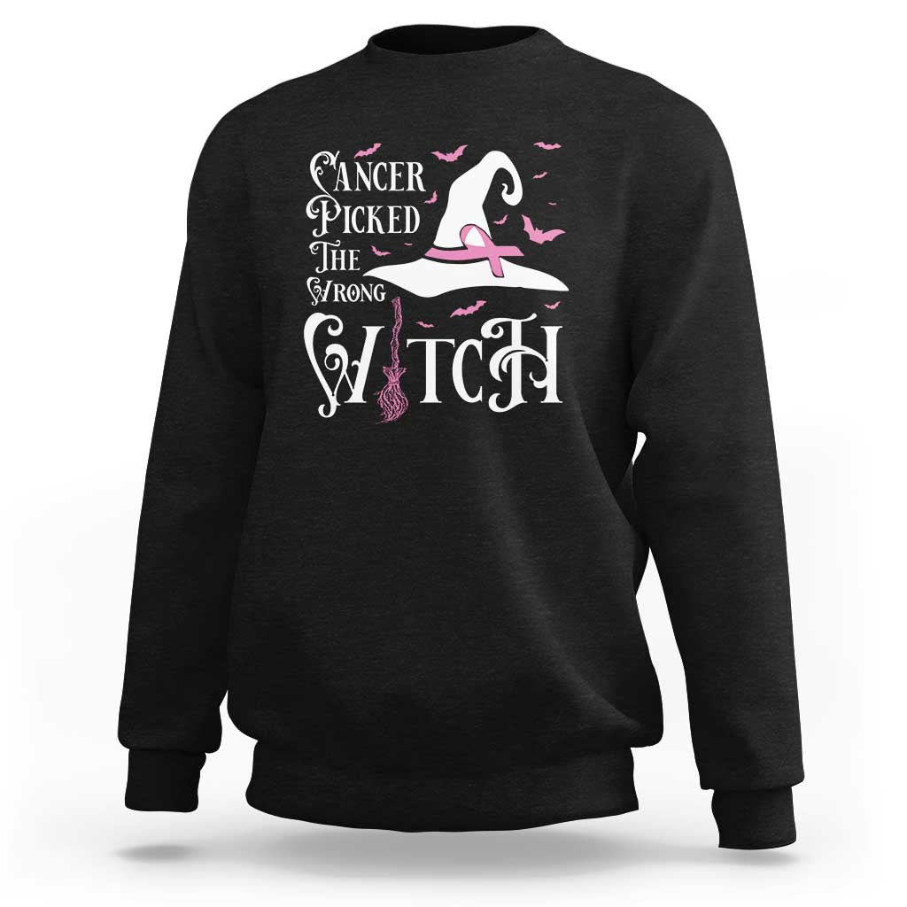 Breast Cancer Awareness Sweatshirt Cancer Picked The Wrong Witch Hat Broom Bat Pink Ribbon - Wonder Print Shop