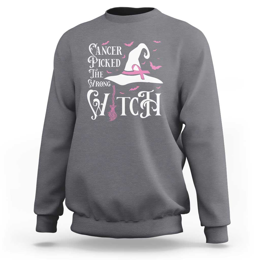 Breast Cancer Awareness Sweatshirt Cancer Picked The Wrong Witch Hat Broom Bat Pink Ribbon - Wonder Print Shop