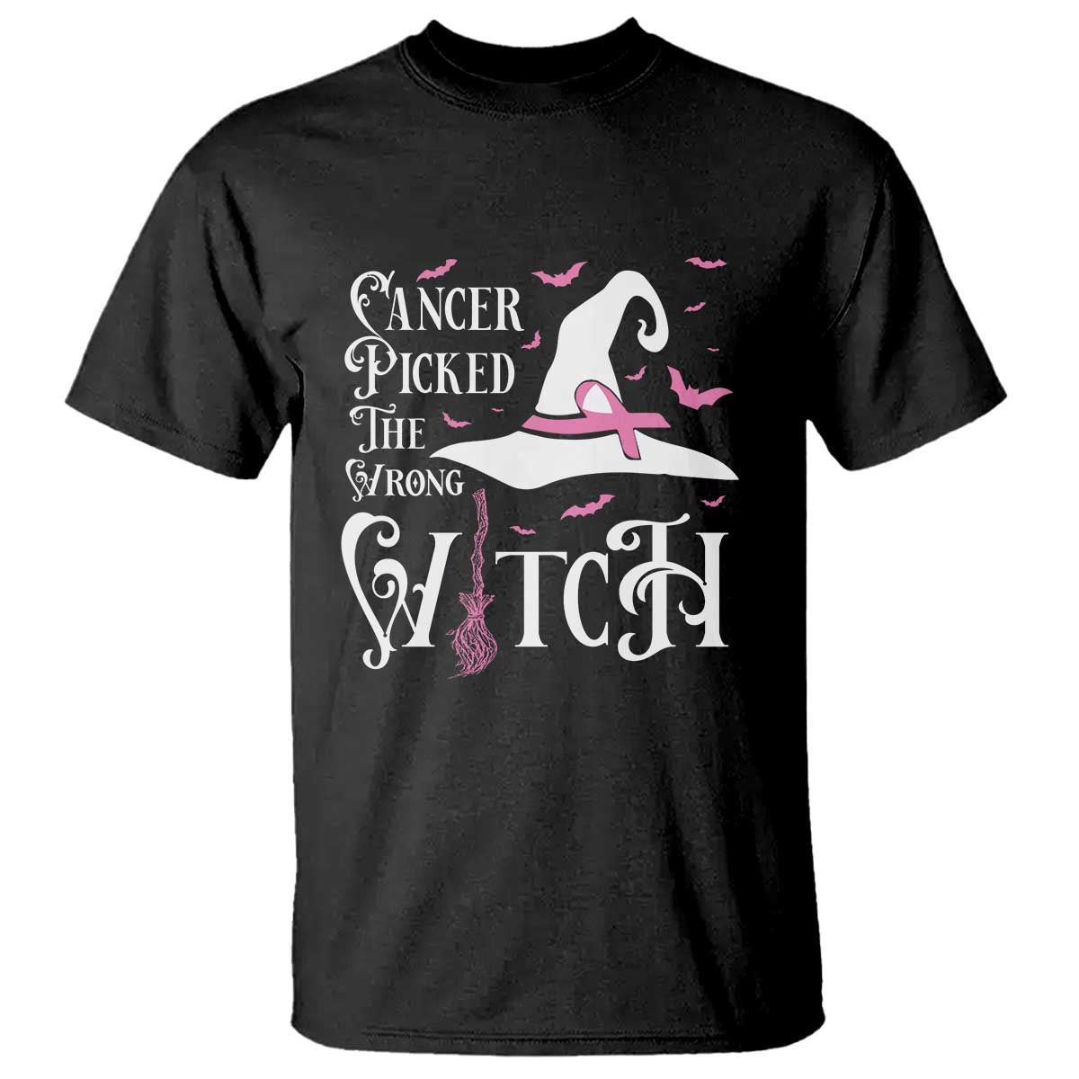 Breast Cancer Awareness T Shirt Cancer Picked The Wrong Witch Hat Broom Bat Pink Ribbon - Wonder Print Shop