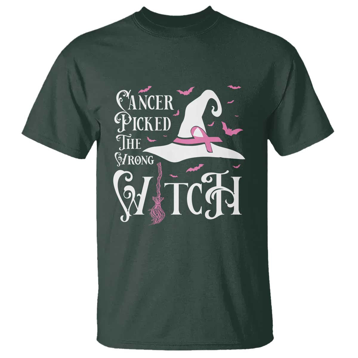 Breast Cancer Awareness T Shirt Cancer Picked The Wrong Witch Hat Broom Bat Pink Ribbon - Wonder Print Shop