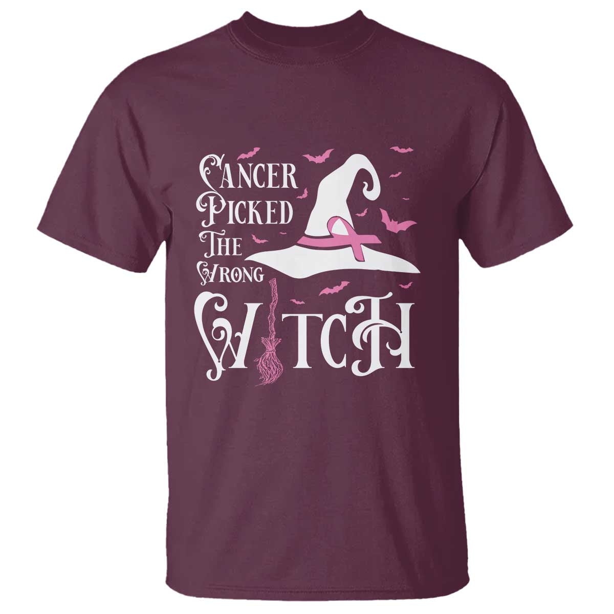 Breast Cancer Awareness T Shirt Cancer Picked The Wrong Witch Hat Broom Bat Pink Ribbon - Wonder Print Shop