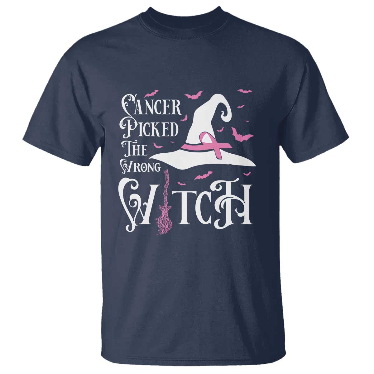 Breast Cancer Awareness T Shirt Cancer Picked The Wrong Witch Hat Broom Bat Pink Ribbon - Wonder Print Shop