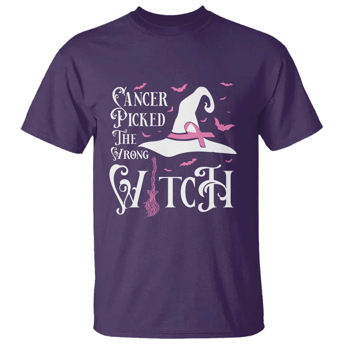 Breast Cancer Awareness T Shirt Cancer Picked The Wrong Witch Hat Broom Bat Pink Ribbon - Wonder Print Shop